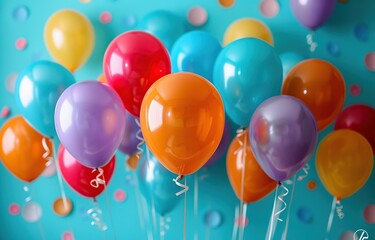 light blue wall background with Colorful balloons bunch tied. birthday surprise, birthday party or celebration concept and invitation