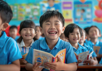 An asian school classroom full of happy children, boys and girls wearing blue uniforms sitting at their desks reading books