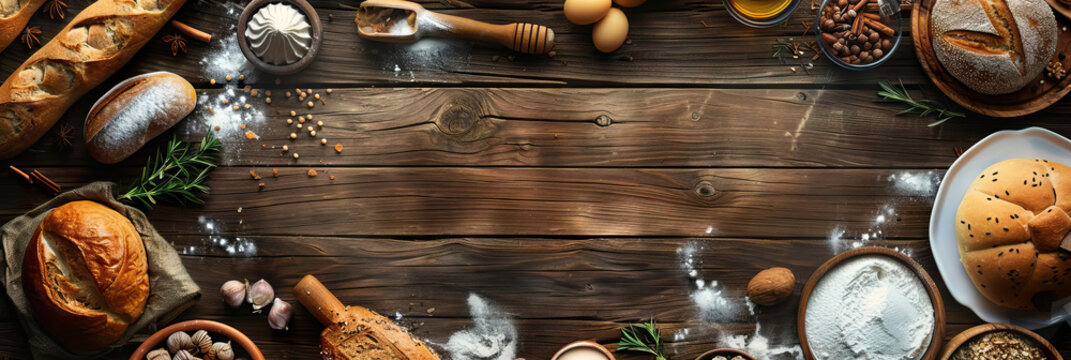 Rustic bakery concept . wooden background . Modern cover header background banner with space for text, top view Cover ads banner, flyer, Blank