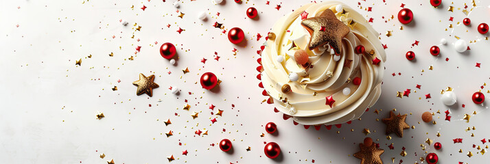Tasty cupcake for New Year . Modern cover header background banner with space for text, top view Cover ads banner, flyer, Blank