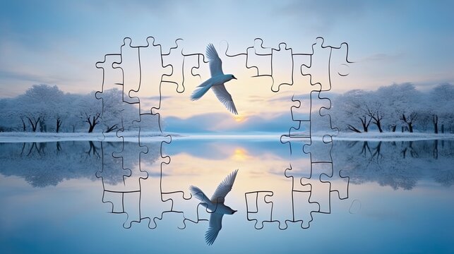Surreal Scenery with Heart-Shaped Puzzle Pieces and a dove on a lake. Generative AI