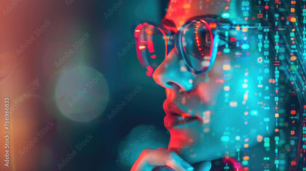 Poster side profile of an individual with vibrant reflections of code on their glasses, indicating technolo