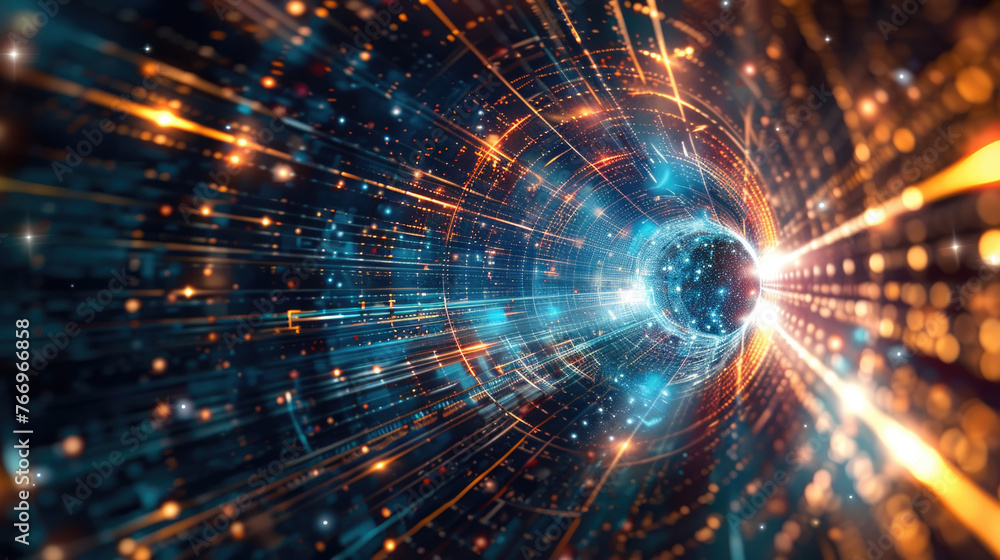Aufkleber a digital visualization of a hyperspace tunnel effect with vibrant light particles streaking towards