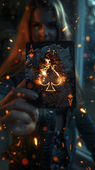 A woman is holding a card with a spade on it. The card is surrounded by fire, giving it a dramatic and intense look