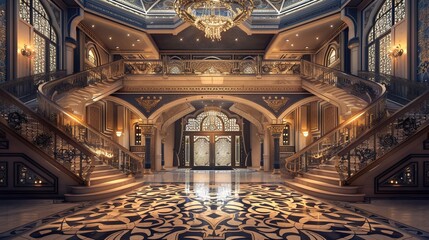 A grand foyer with a sweeping staircase and intricate tile work, a massive chandelier hanging from the ceiling and casting soft light across the room.