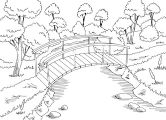 Bridge in forest graphic black white landscape sketch illustration vector