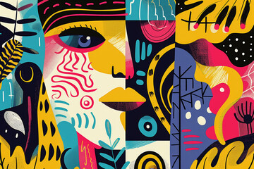 Vibrant Abstract Mural with Kaleidoscopic Human Face Motifs