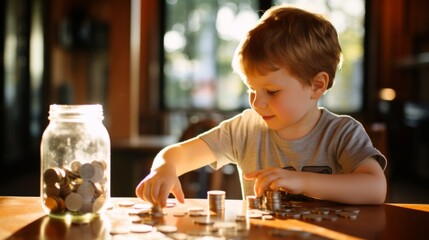 Young Boy Sorting Coins at Sunlit Table, AI Generated