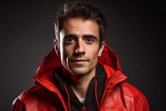 Portrait of a handsome young man in a red jacket on a dark background.