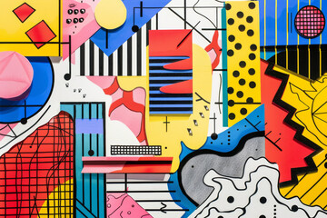 Vibrant Abstract Urban Art Mural with Geometric Shapes and Bold Colors