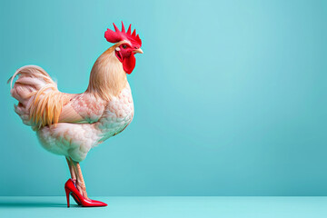 A chicken wearing red high heels stands on a blue background. chicken ON red HIGH HEELS, pastel blue color background - obrazy, fototapety, plakaty