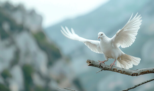 A white dove is perched on a branch, looking up into the sky. Concept of freedom and peace, as the bird soars through the air with its wings spread wide. The natural beauty of the scene