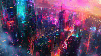 Vibrant Cyberpunk Cityscape at Twilight with Neon Lights