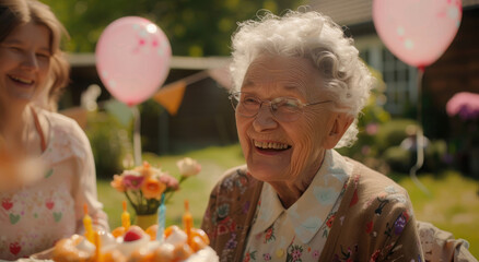 a senior woman at an outdoor garden party, smiling while holding up her birthday cake with candles being set on it in the style of friends and family around the table