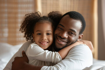 African American man and his little daughter hugging in bedroom - obrazy, fototapety, plakaty