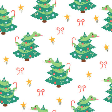 Seamless pattern snake character on a Christmas tree