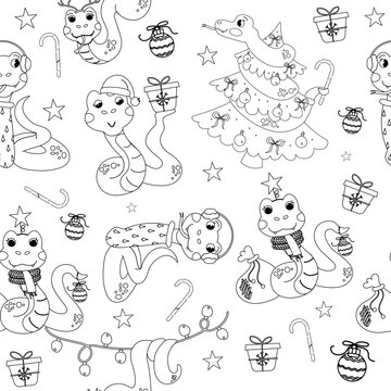 Seamless pattern outline color book character christmas snake