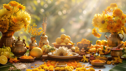 A conceptual image of Vishu celebrations, highlighting the cultural significance and joyous spirit of the festival through symbolic objects and decorations,ai - obrazy, fototapety, plakaty