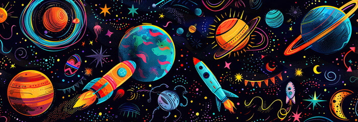 Embroidery universe, spaceship, satellite, space station, galaxy, nebula, planet, moon, star, comet seamless pattern. Rocket, planet solar system