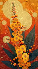 A festive Vishu greeting card design featuring intricate patterns, Cassia fistula flowers,ai