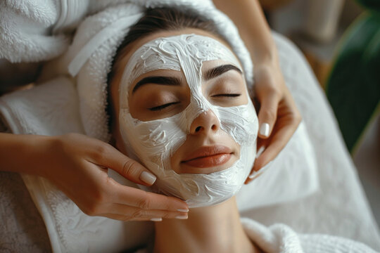 Beautiful woman Iays on the coach for beauty procedures with closed eyes wearing white robe, another hands are putting cosmetologically mask on face - Powered by Adobe