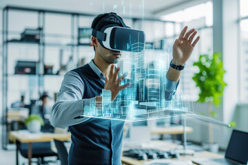 Futuristic Architectural Engineer Wearing Augmented Reality Headset, Uses Gestures to Create 3D Graphics VFX Model of a new Building