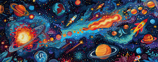 Embroidery universe, spaceship, satellite, space station, galaxy, nebula, planet, moon, star, comet seamless pattern. Rocket, planet solar system