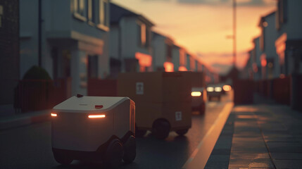 A robot on wheels carries packages along a sidewalk, bathed in the warm glow of a setting sun - obrazy, fototapety, plakaty