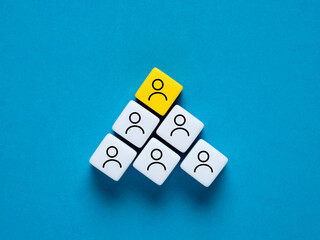 Organizational hierarchy and leadership. Employee symbols on colorful cubes.