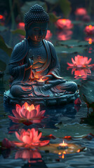 Buddha statue illuminated by candlelight with floating lotus flowers in the foreground,ai
