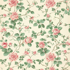 Vintage rose floral pattern wallpaper in pink and green on a cream background, with small roses, leaves and vines © Fauzi