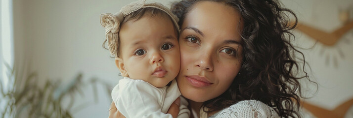 Young Latin American mother embracing her baby tenderly, both looking towards the camera with soft, natural lighting and a neutral background. - obrazy, fototapety, plakaty