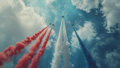 Three fighter jets are flying in the sky, leaving a trail of red, blue - Powered by Adobe