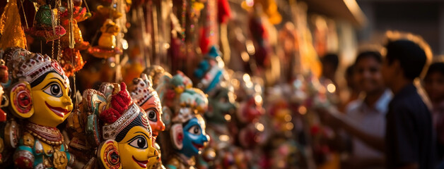 Fototapeta premium wide background banner of Colorful human face mask dummies hanging on streets in Hindu cultural event Dussehra festival