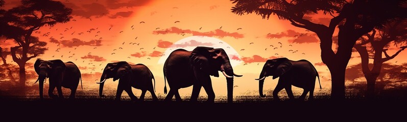 Fototapeta na wymiar African savannah with elephants at sunset - panoramic view.