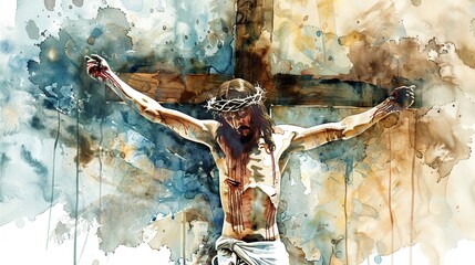 Jesus' crucifixion. watercolor painting. - obrazy, fototapety, plakaty