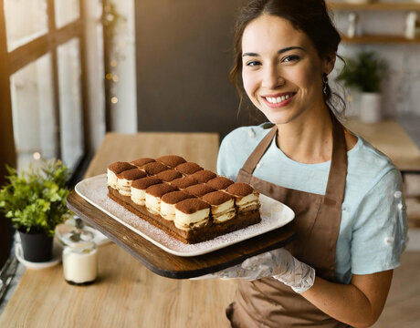 Tiramisu Italian dessert freshly made in the hands of the cook with apron. Generative AI.