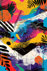 Vibrant Tropical Abstract Art with Dynamic Brush Strokes and Patterns
