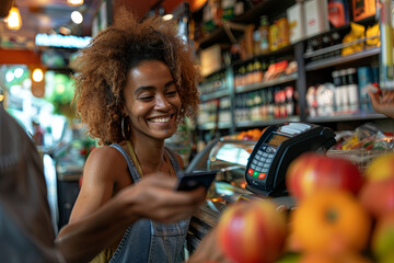 A cheerful retail proprietor processing a payment through a contactless credit card transaction with a patron - obrazy, fototapety, plakaty