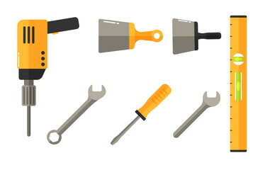 Construction tools set. Instruments for masonry works with concrete and brick, bricklayer job, hammer, screwdriver, drilling machine, paintbrush, spatula. For buildings, repair and renovation concept