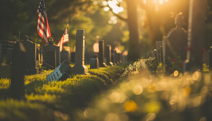 A cemetery with many American flags on the grass - obrazy, fototapety, plakaty