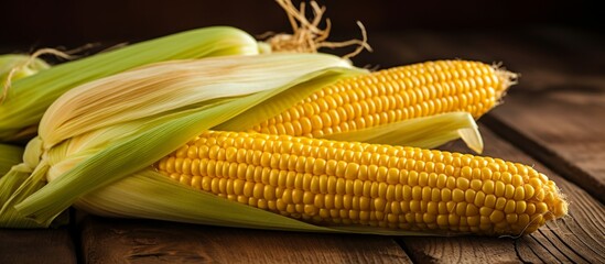 Sweet corn on the cob, a type of vegetable, is placed on a wooden table. The corn kernels stand out as a natural and tasty ingredient for various dishes - Powered by Adobe