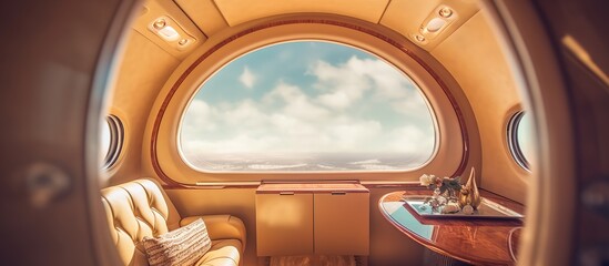 luxury interior in the modern business jet and sunlight - obrazy, fototapety, plakaty