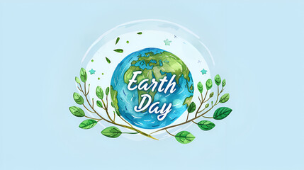 Happy Earth Day illustration of planet earth with green tree branches and text - Earth Day on blue background with copy space, nature eco theme holiday banner