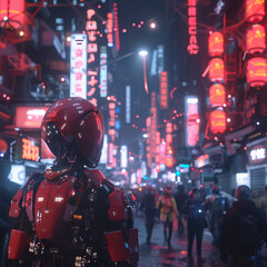 Fototapeta na wymiar Futuristic Robots, workers, advanced technology, bustling cityscape, crowded streets, glowing neon signs, bustling metropolis, nighttime, 3D render, Neon lights, Lens Flare