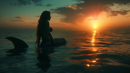 Silhouette of a beautiful mermaid sitting in the sea among the waves, gazing at the horizon with the sun setting and the fish tail outside. Landscape of a fairytale