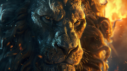 Majestic lion head in golden firelight, exuding power and mystery with gleaming, enigmatic eyes in the shadows.