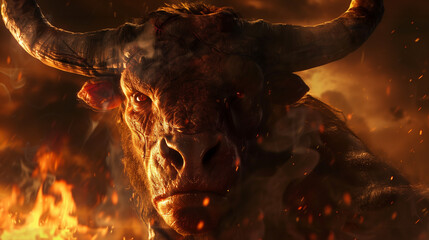 Close-up of the face of a fearsome Minotaur with fire in the background. Mythical beast creature with a bull's head and a human body