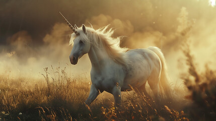 White unicorn galloping across the field under the golden light of the sunset. Legendary horse with a horn, trotting in a cinematic setting like in a dream