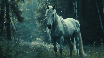 White unicorn in a clearing of a magical forest, surrounded by plants and trees in a cinematic scene. Mythical creature: horse with a horn